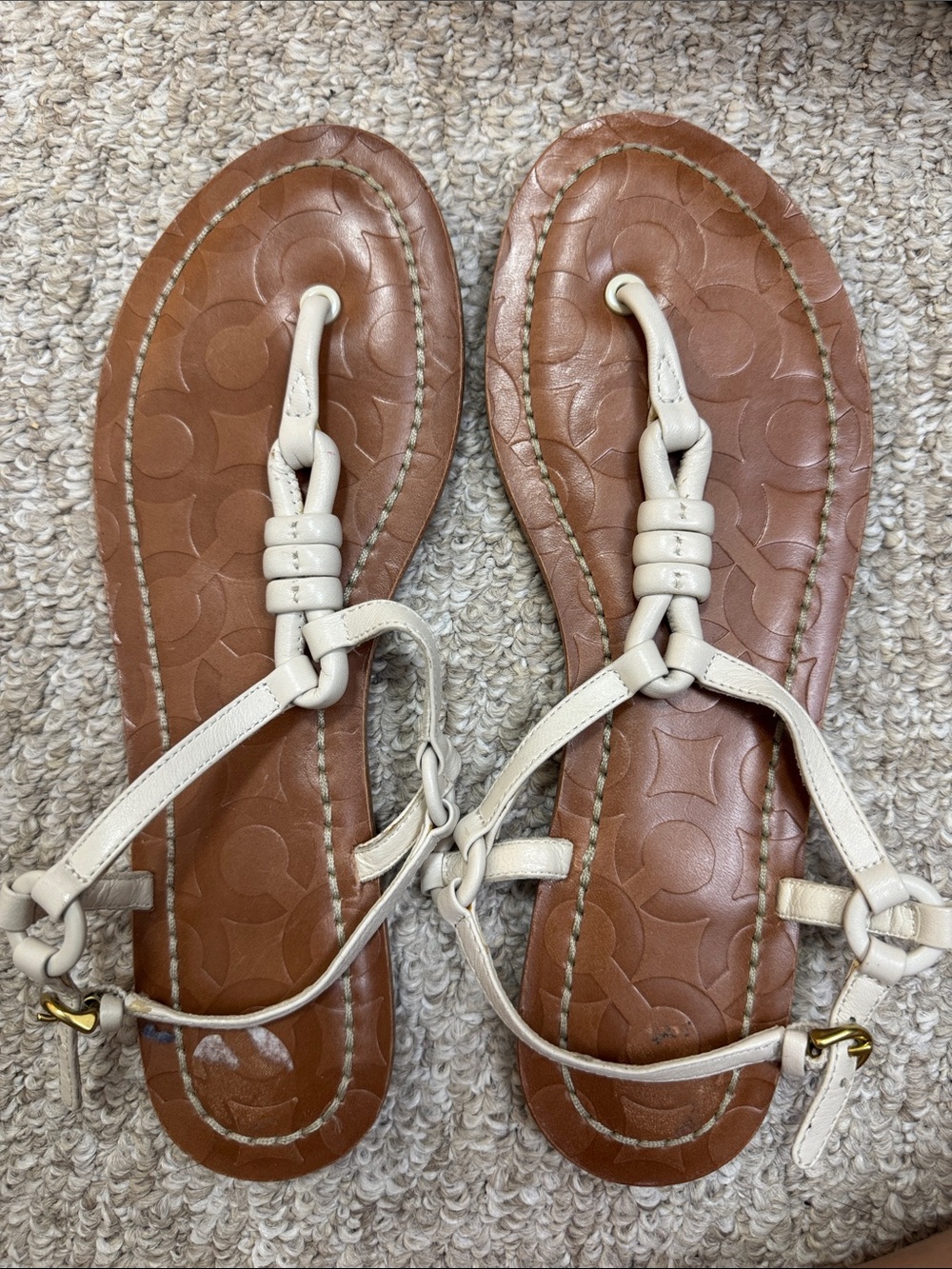 Coach Cream Leather T-Strap Sandals with Brown Footbed